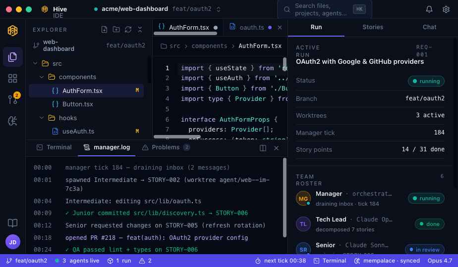 Hive IDE status bar showing live agents, next tick countdown, and mempalace synced